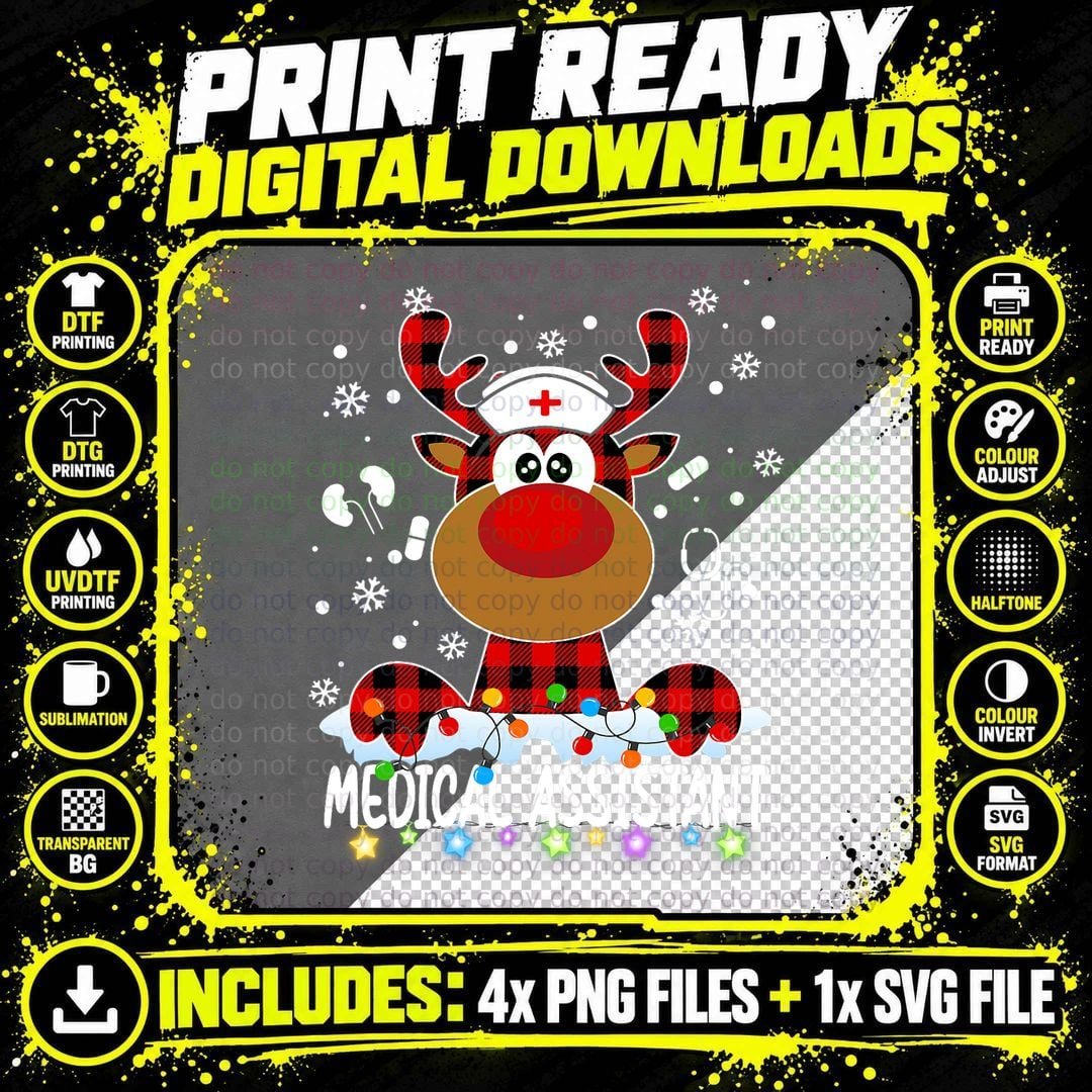 Red Plaid Medical Assistant Nurse Reindeer Christmas Png SVG Digital Bundle