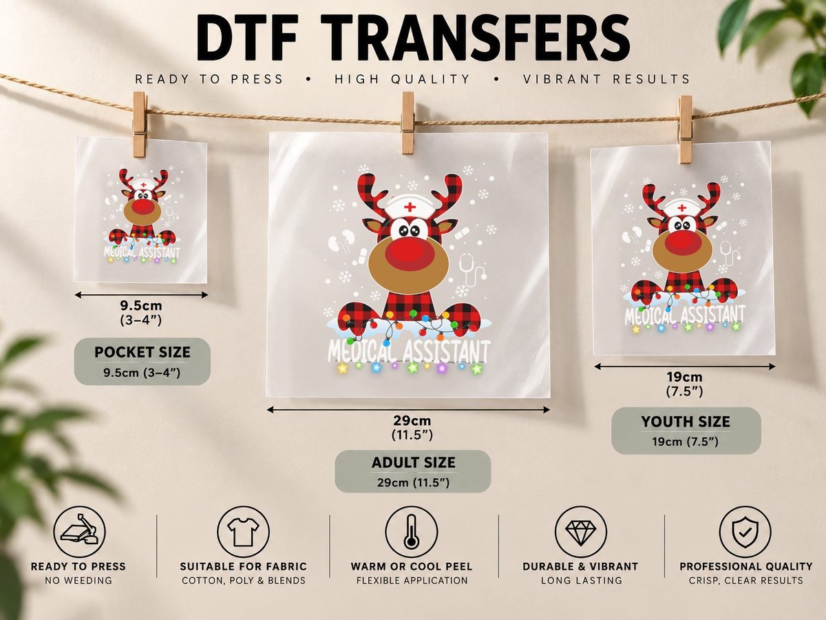 Red Plaid Medical Assistant Nurse Reindeer Christmas Pajama DTF Transfer Iron On