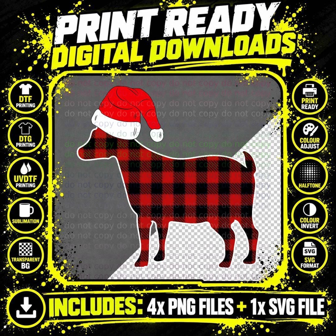 Red Plaid Nigerian Dwarf Goat Santa Hat Christmas Pajama Png SVG Digital Bundle