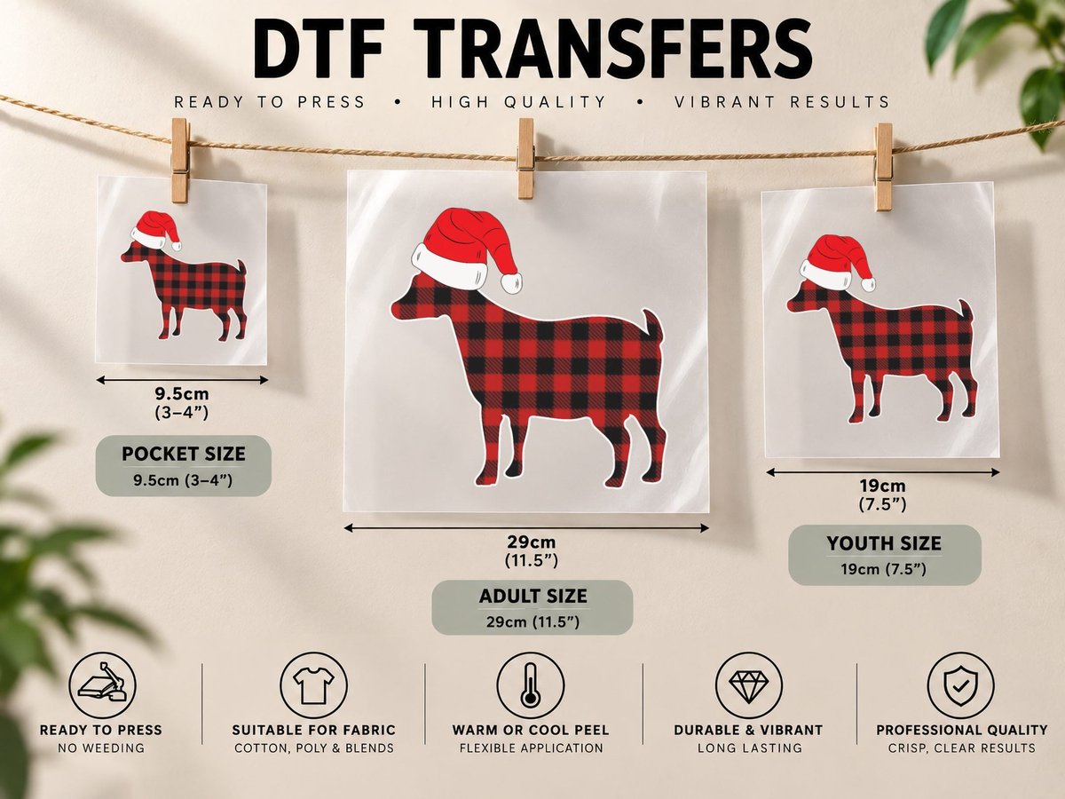 Red Plaid Nigerian Dwarf Goat Santa Hat Christmas Pajama DTF Transfer Iron On