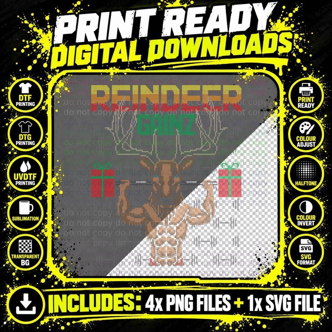 Reindeer Gainz Brodolf Ugly Christmas Sweater Gym Png SVG Digital Bundle
