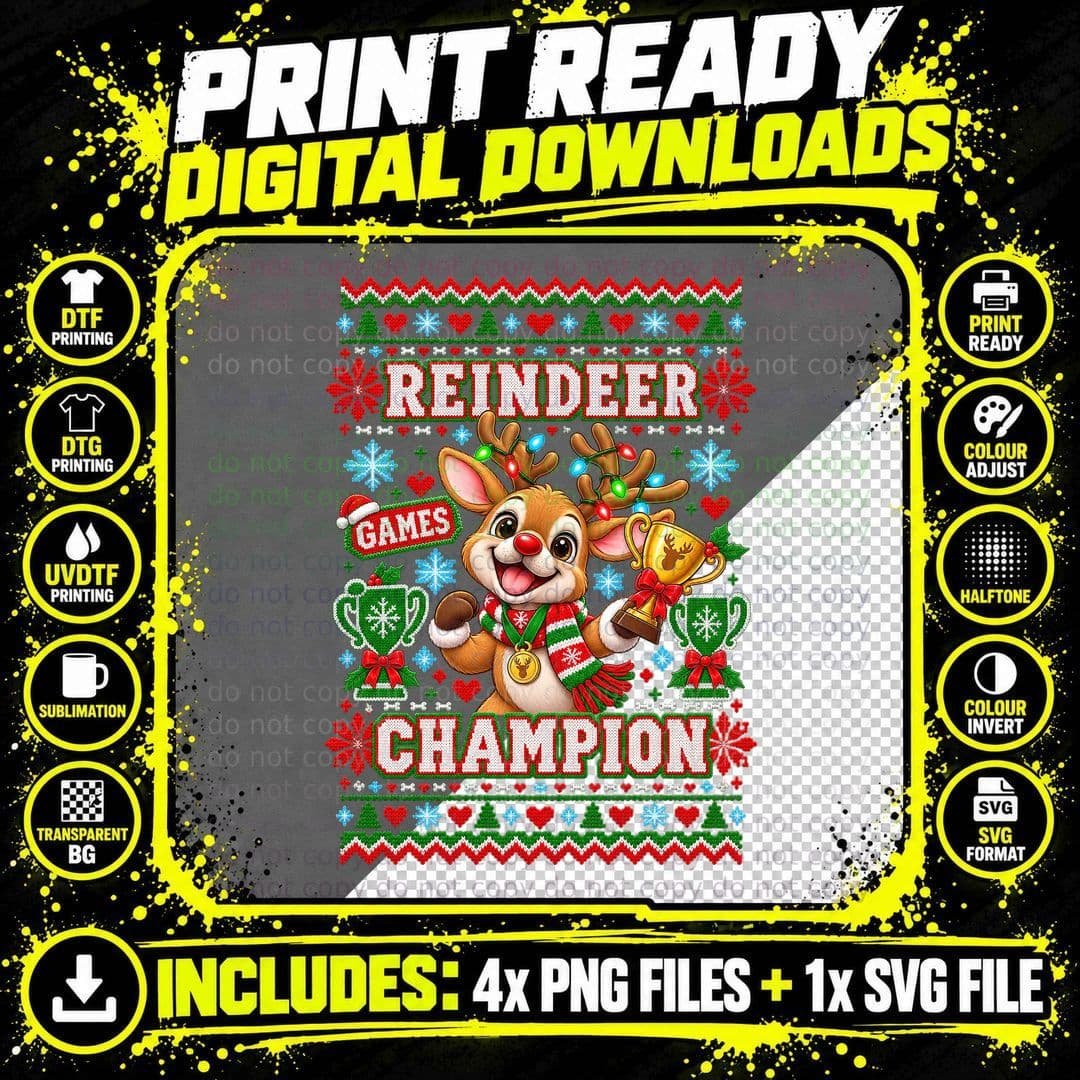 Reindeer Games Champion Christmas Shirt Funny Deer Ugly Png SVG Digital Bundle
