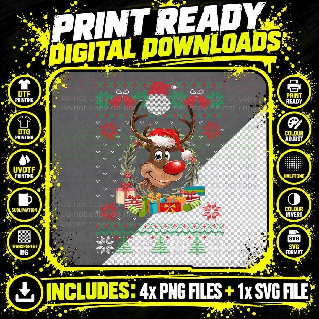Reindeer Santa Hat Ugly Christmas Sweater Funny Xmas Png SVG Digital Bundle