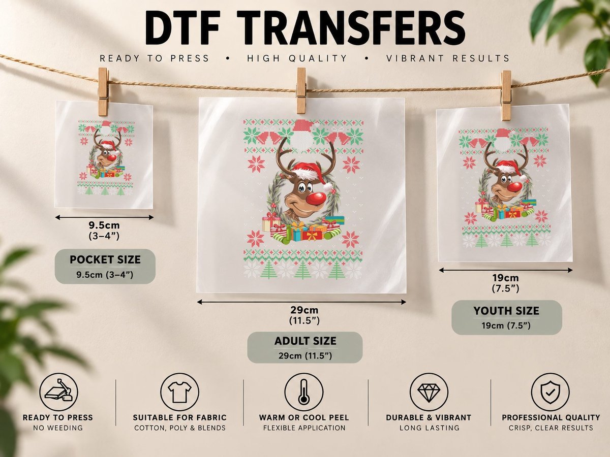 Reindeer Santa Hat Ugly Christmas Funny Xmas Gifts DTF Transfer Iron On