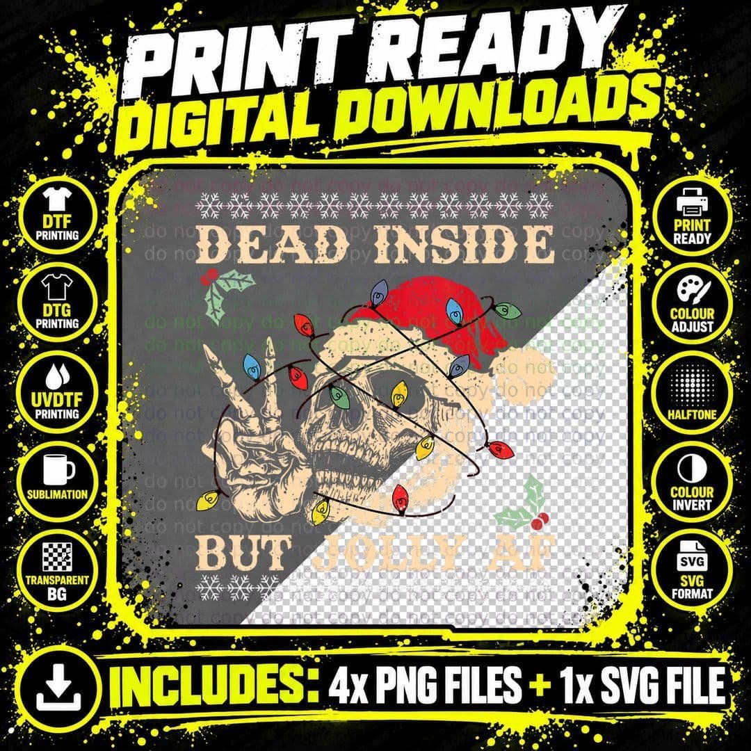 Retro Dead Inside but Jolly AF Funny Skeleton Christmas Png SVG Digital Bundle