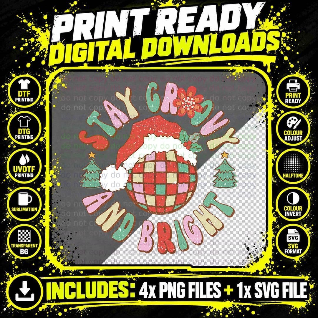 Retro Groovy and Bright 70s Disco Ball Vintage Christmas Png SVG Digital Bundle