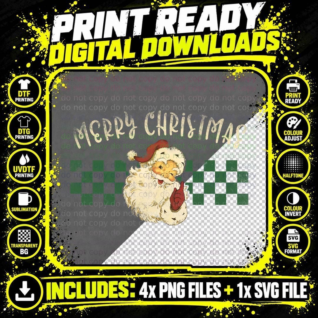 Retro Merry Christmas Vintage Checkered Santa Xmas Png SVG Digital Bundle