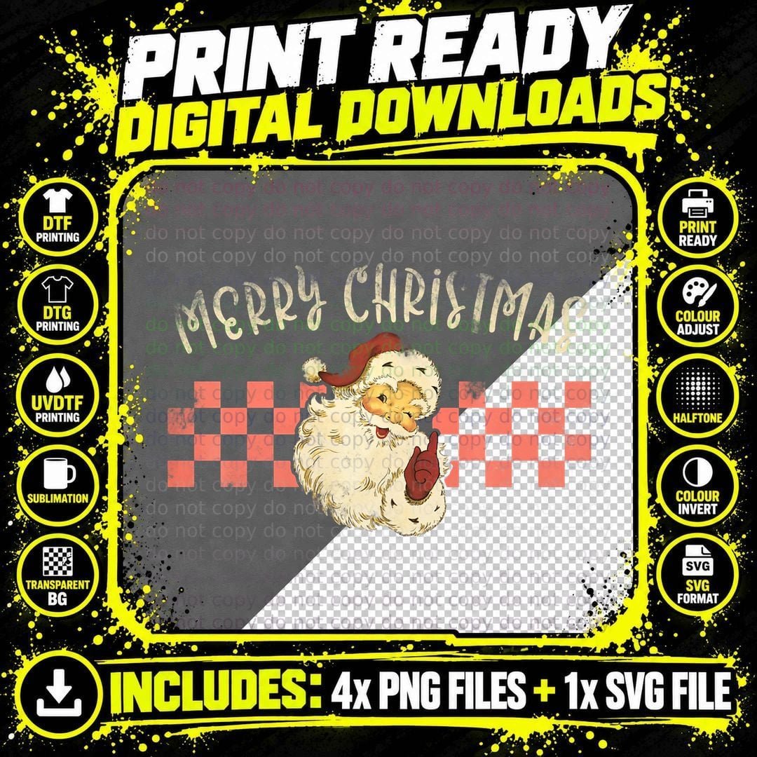 Retro Merry Christmas Vintage Checkered Santa Xmas Png SVG Digital Bundle