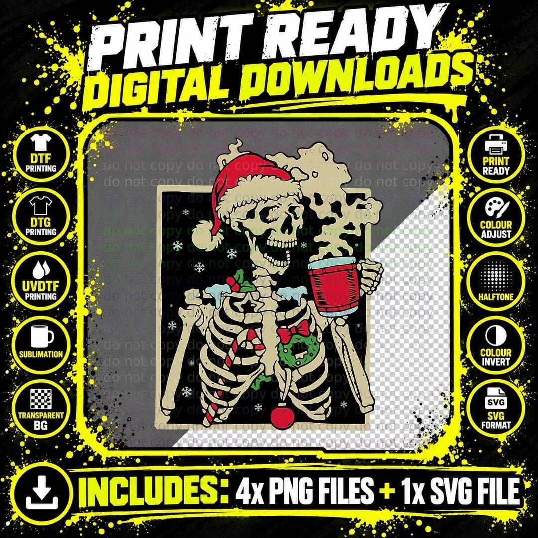 Retro Vintage Christmas Skeleton Coffee Hot Chocolate Png SVG Digital Bundle