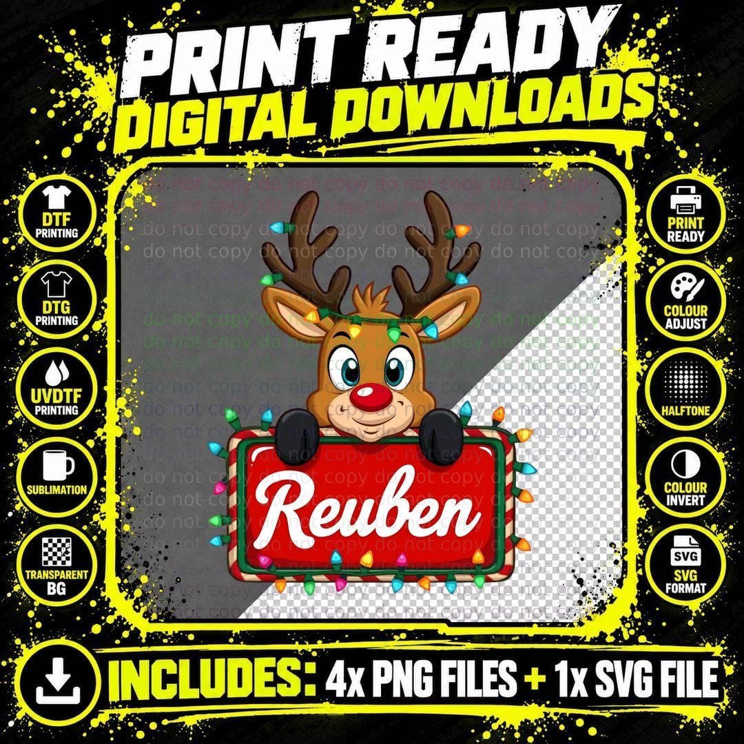 Reuben Custom Reindeer Peeking Christmas Kids Lights Png SVG Digital Bundle