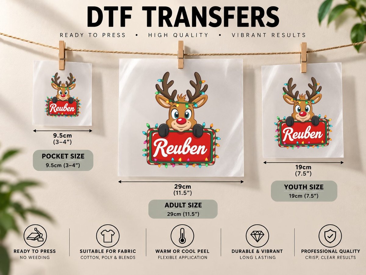 Reuben Custom Reindeer Peeking Christmas Kids Lights DTF Transfer Iron On