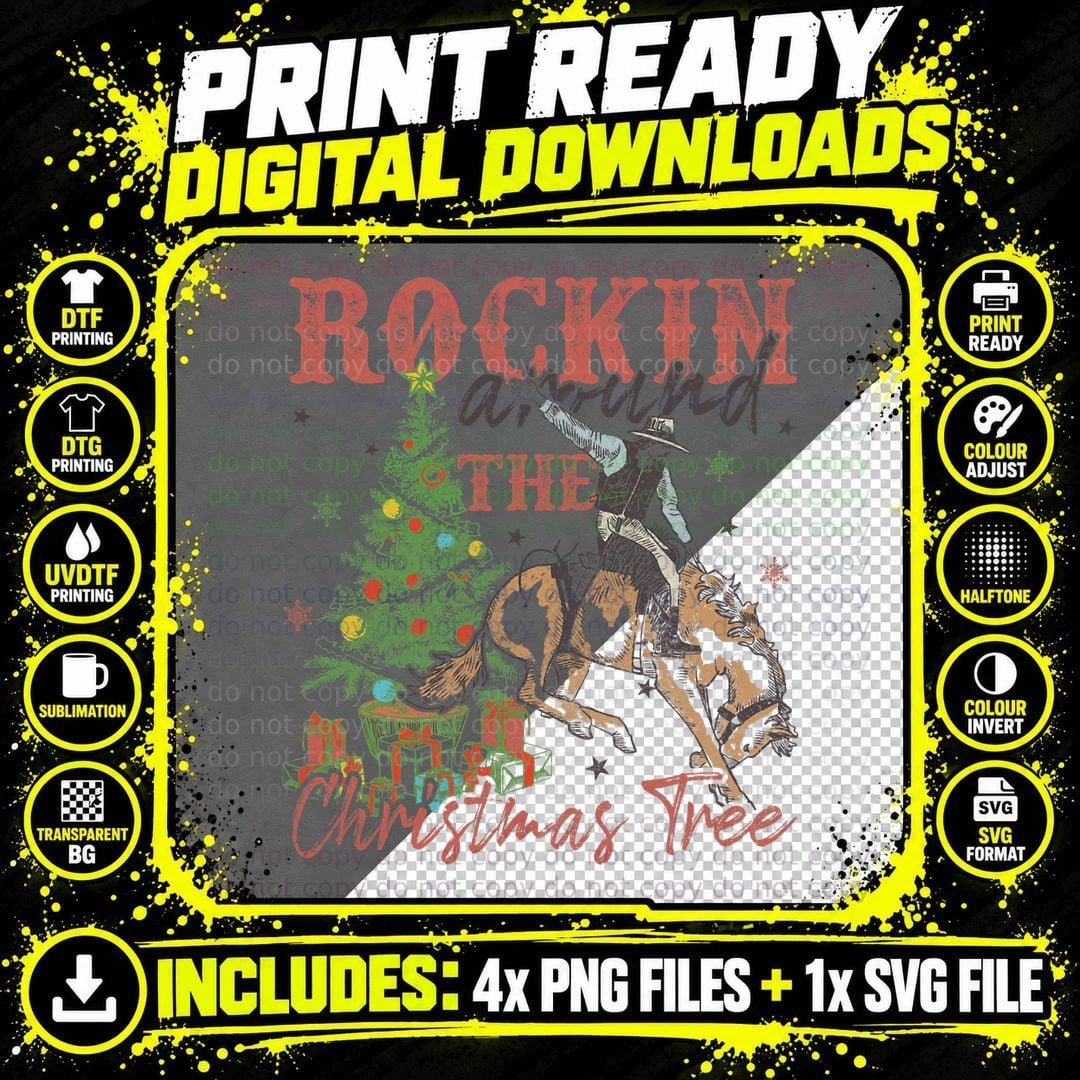 Rockin' Around the Christmas Tree Cowboy Santa Ride Png SVG Digital Bundle