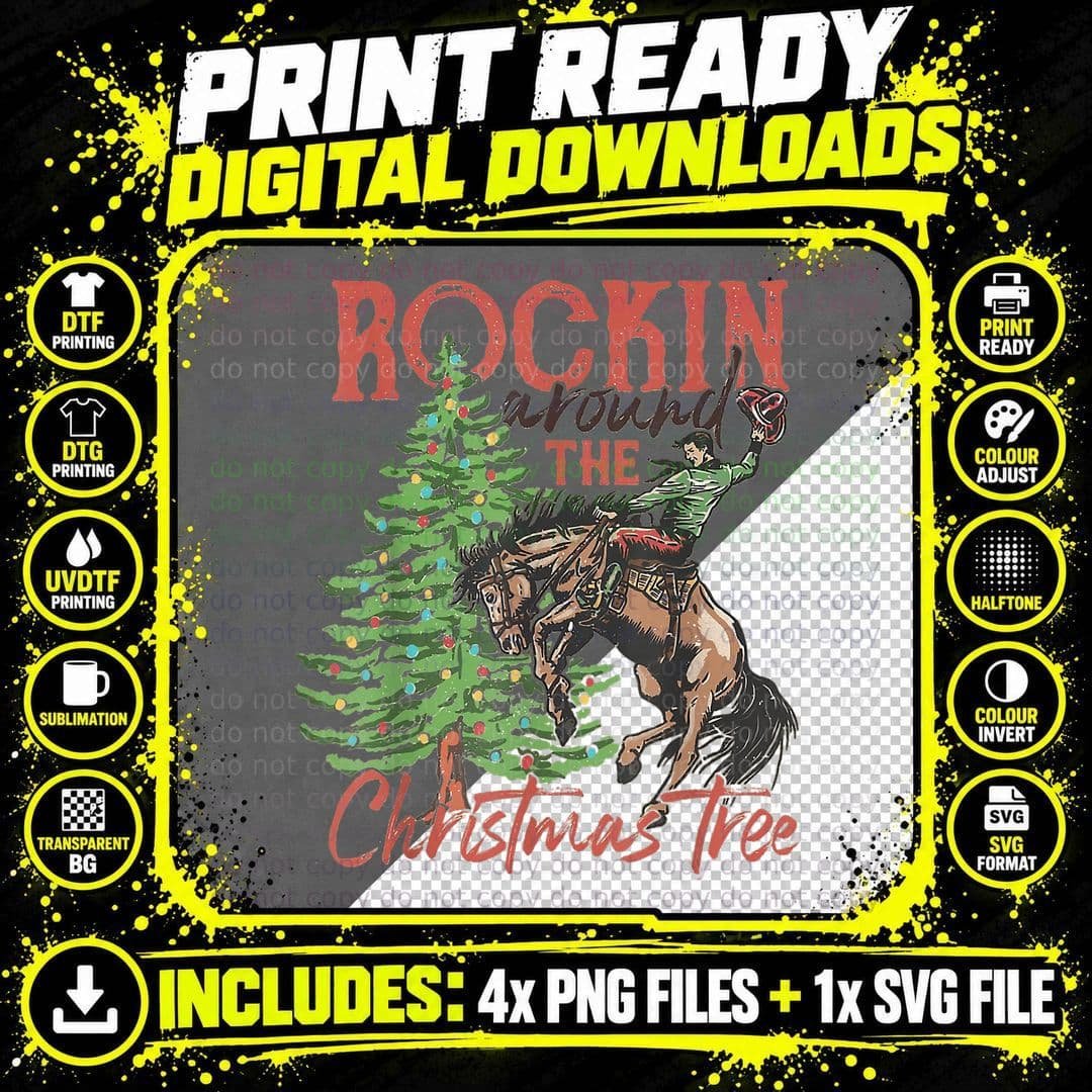 Rocking Around the Christmas Tree Christmas Cowboy Horse Png SVG Digital Bundle