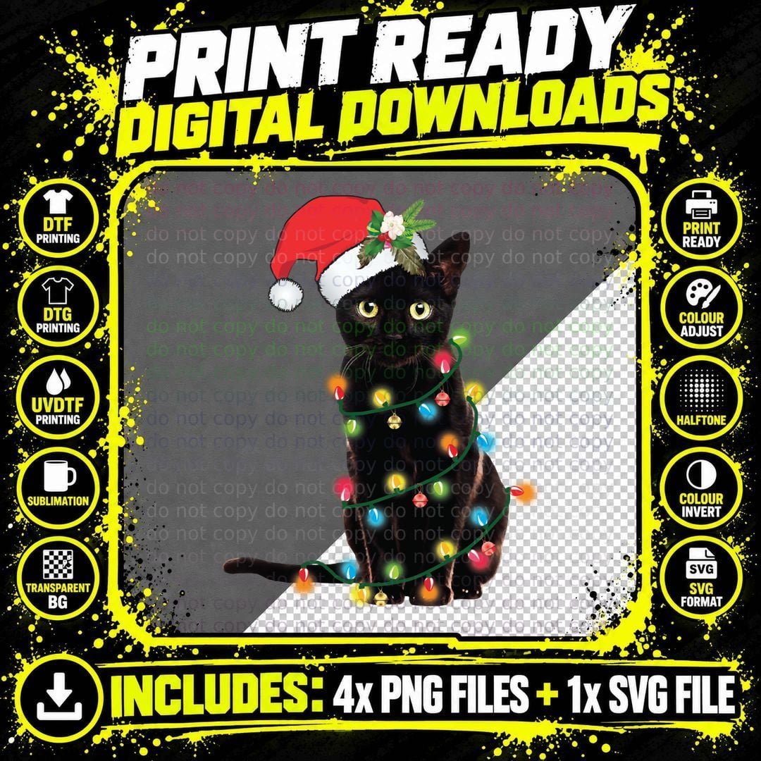 Santa Black Cat Tangled up in Christmas Tree Lights Png SVG Digital Bundle