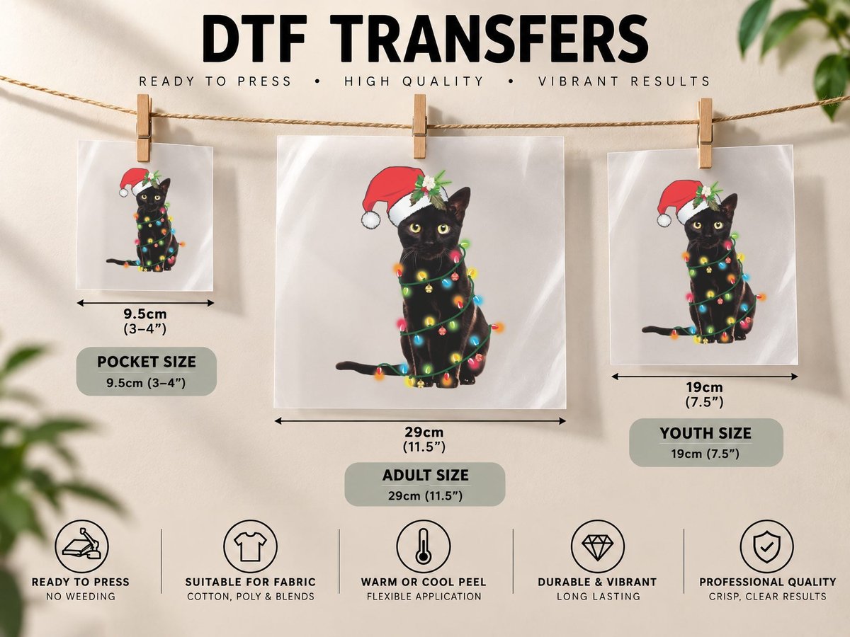 Santa Black Cat Tangled up in Christmas Tree Lights Holiday DTF Transfer Iron On