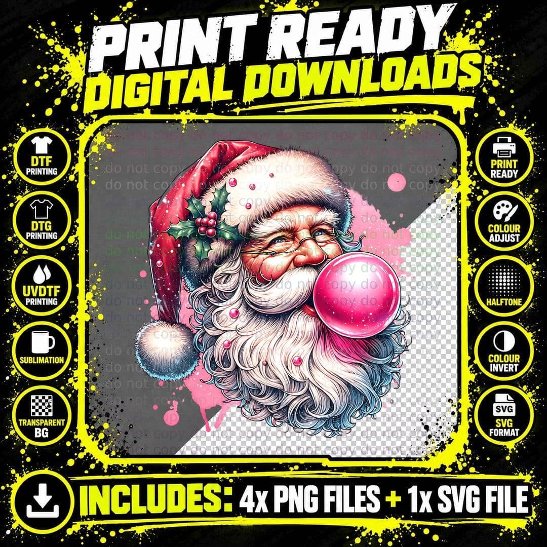 Santa Blowing Bubble, Vintage Retro, Funny, Aesthetic Png SVG Digital Bundle