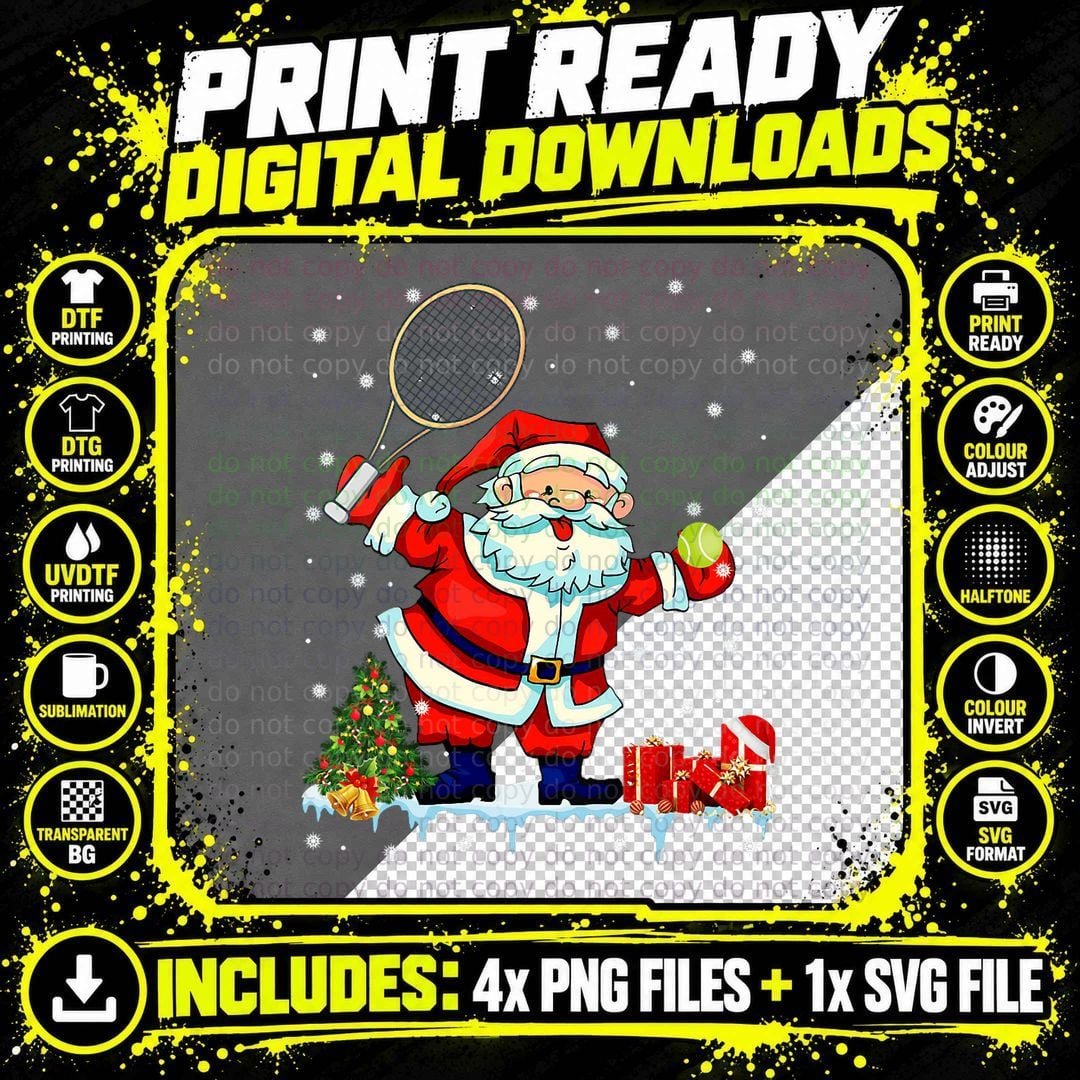 Santa Playing Tennis Funny Christmas Tennis Lover Gifts Png SVG Digital Bundle
