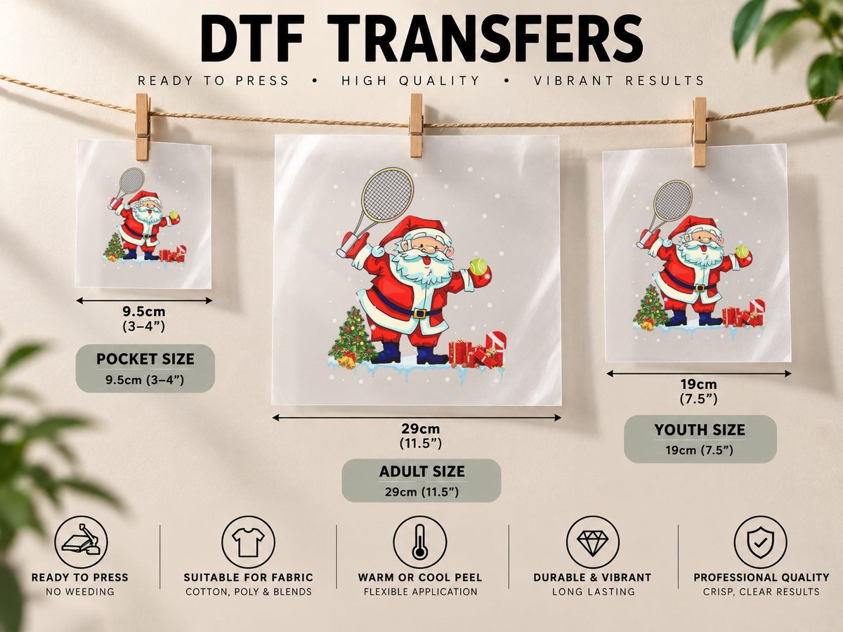 Santa Playing Tennis Funny Christmas Tennis Lover Gifts DTF Transfer Iron On
