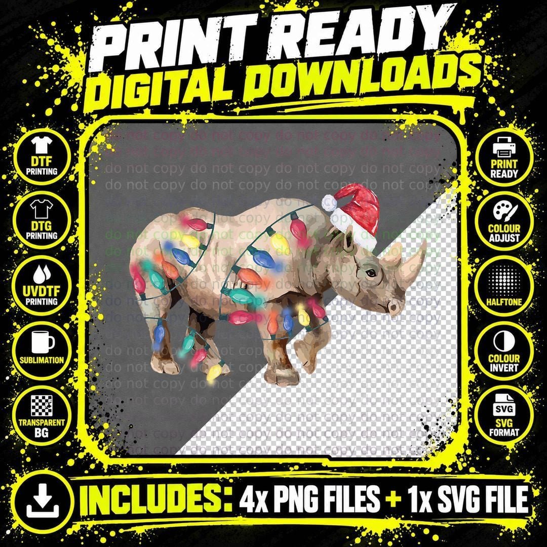 Santa Rhino Christmas Lights Rhino Lover Christmas Gift Png SVG Digital Bundle