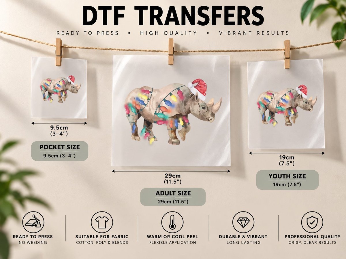 Santa Rhino Christmas Lights Rhino Lover Christmas Gift DTF Transfer Iron On