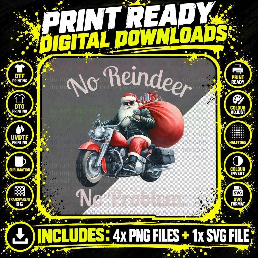 Santa Riding Motorcycle Bike Funny Christmas Biker Xmas Png SVG Digital Bundle