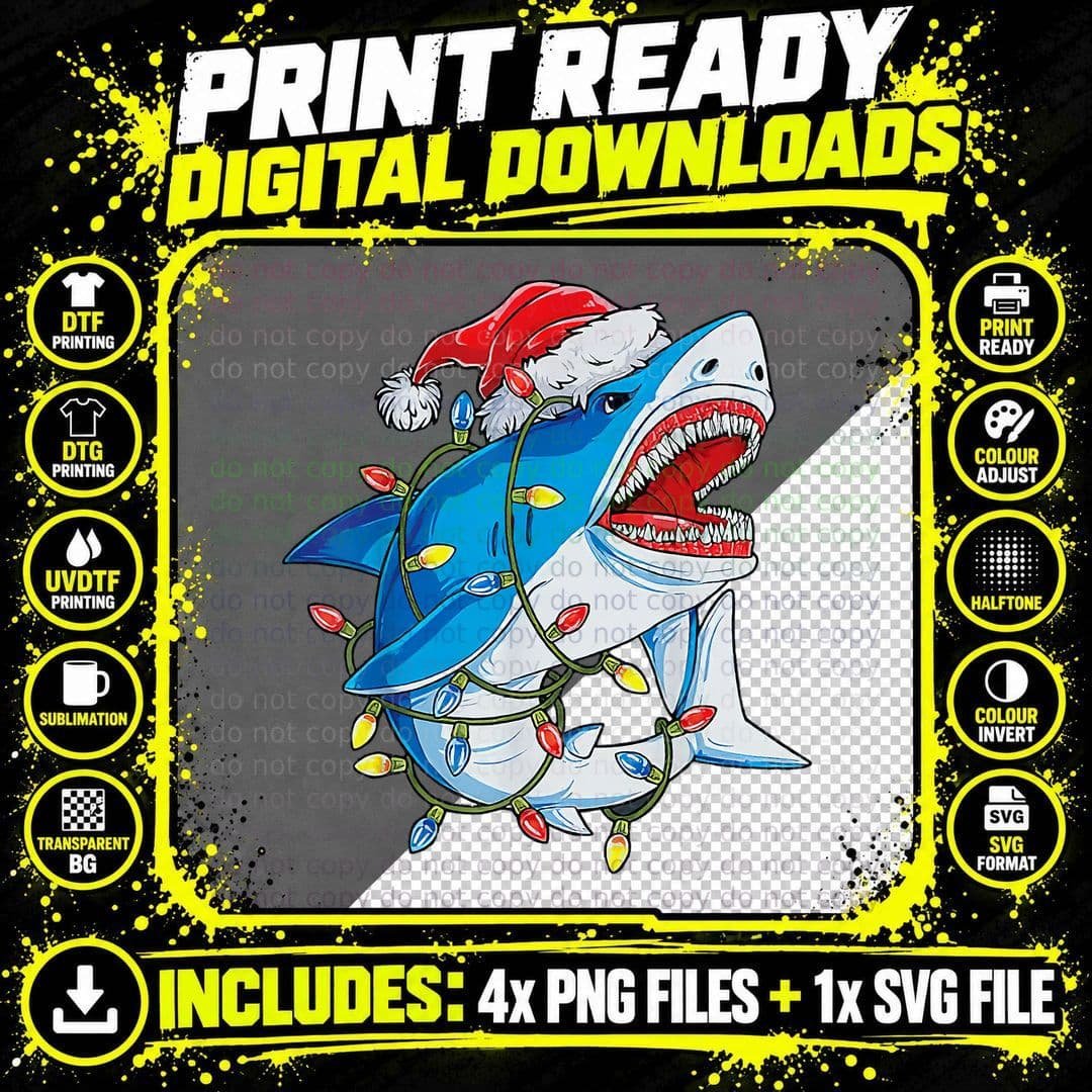Santa Shark Christmas Lights Sharkmas Tree Xmas Boys Png SVG Digital Bundle