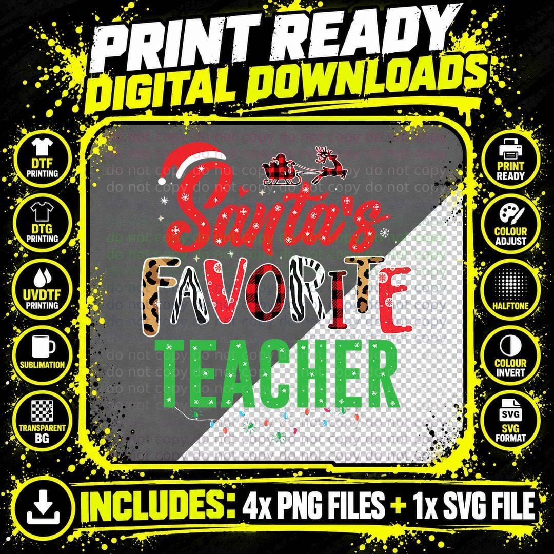 Santa's Favorite Teacher Funny Christmas Leopard Print Png SVG Digital Bundle