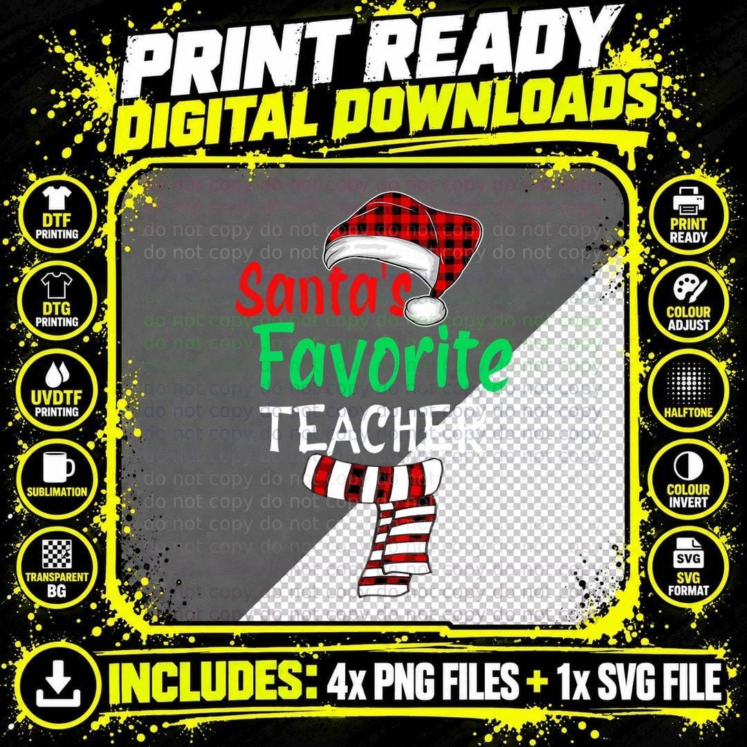 Santa's Favorite Teacher Funny Christmas Santa Red Plaid Png SVG Digital Bundle