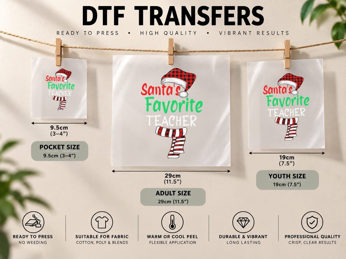 Santa's Favorite Teacher Funny Christmas Santa Red Plaid DTF Transfer Iron On