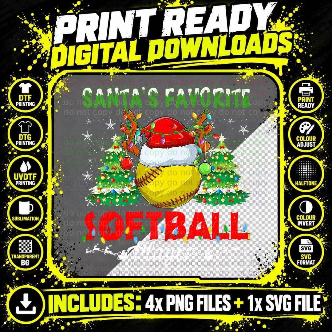 Santas Favorite Softball Player Men Apparel Christmas Png SVG Digital Bundle