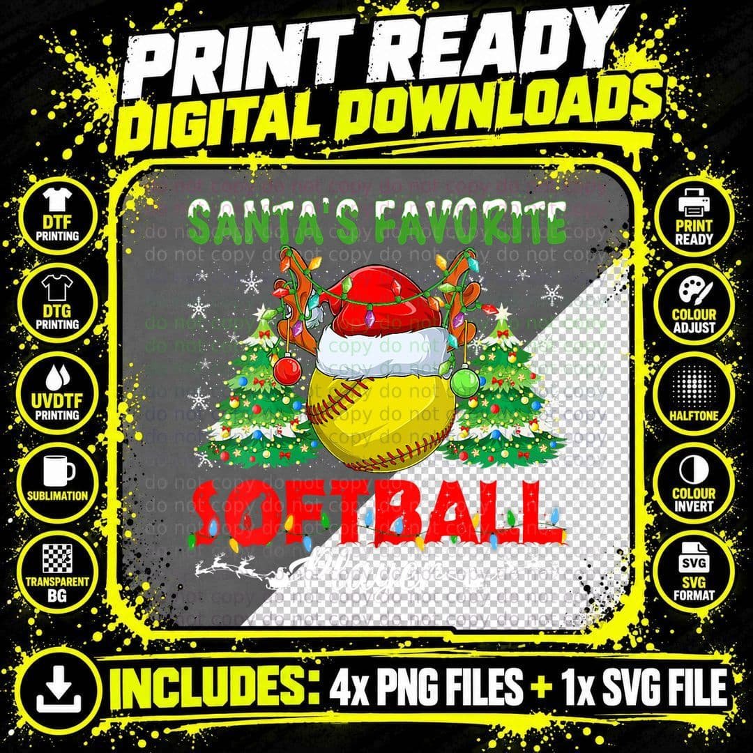Santas Favorite Softball Player Men Apparel Christmas Png SVG Digital Bundle