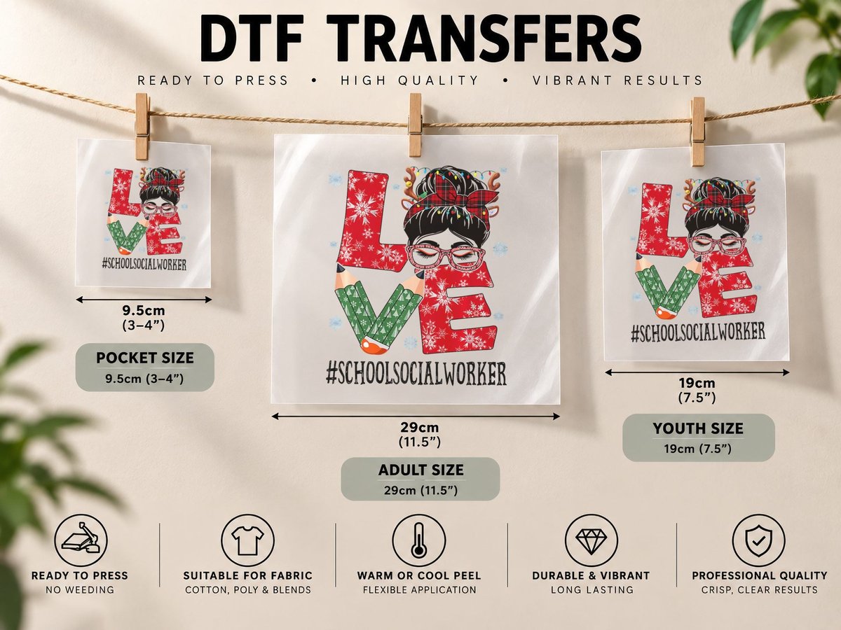School Social Worker Love Christmas Woman Messy Bun DTF Transfer Iron On