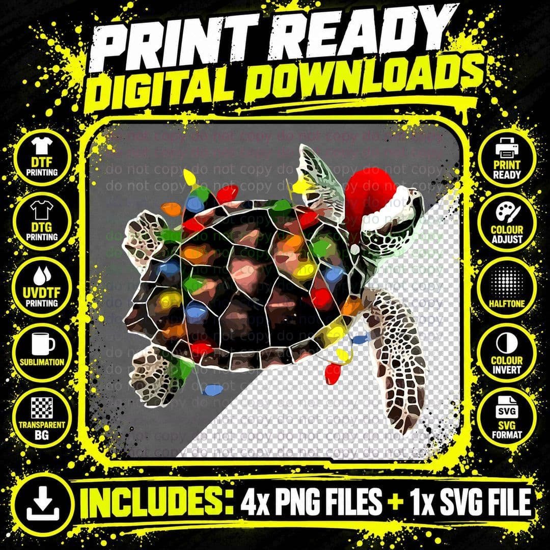Sea Turtle Christmas Lights Funny Santa Hat Merry Png SVG Digital Bundle