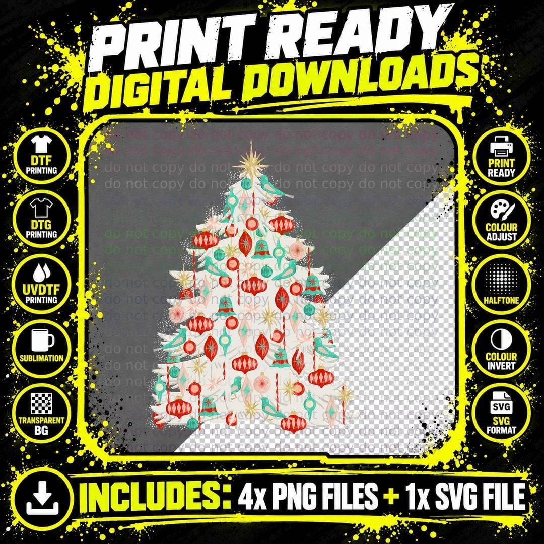 Shiny Ornaments Christmas Tree T-Shirt Png SVG Digital Bundle