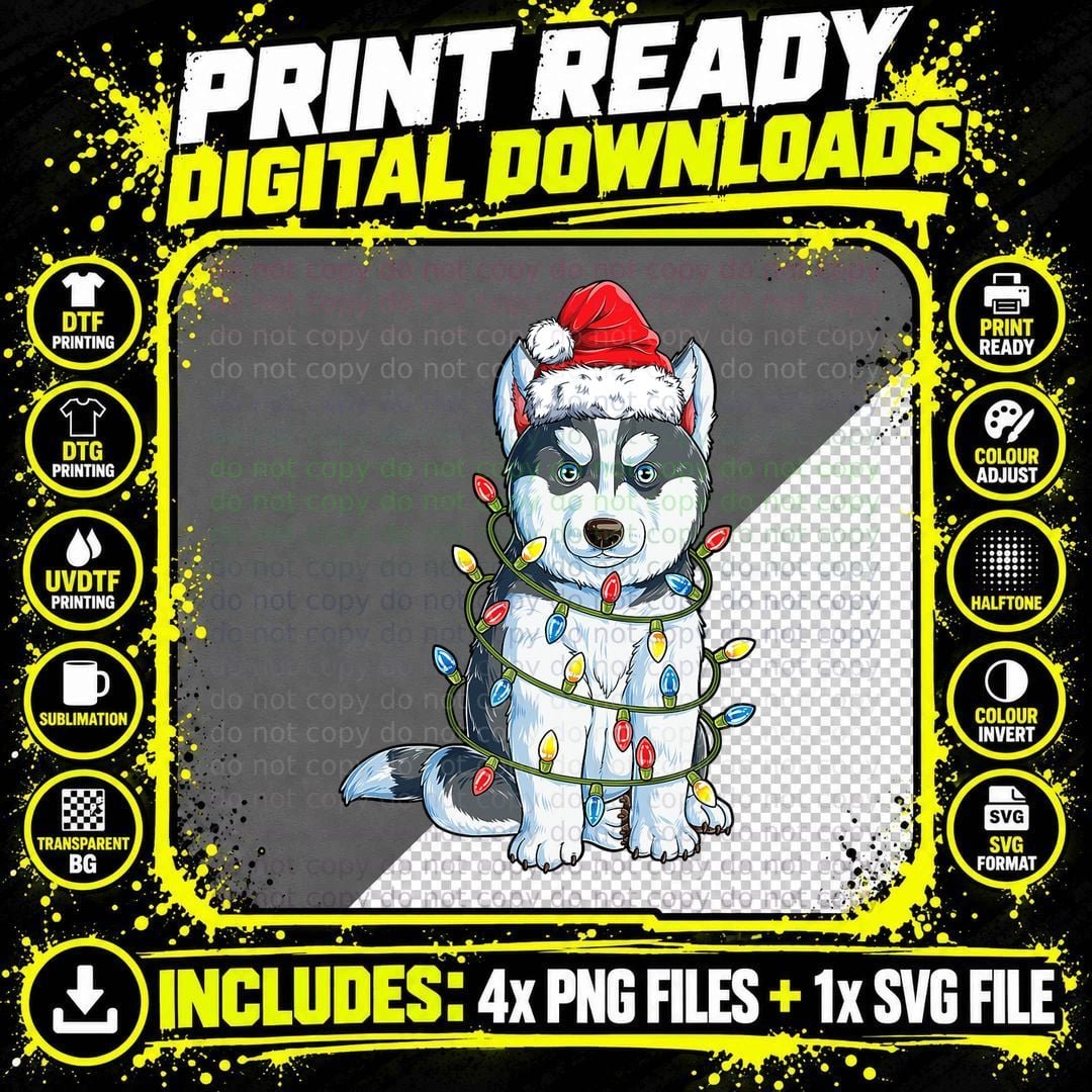 Siberian Husky Santa Christmas Tree Lights T-Shirt Png SVG Digital Bundle