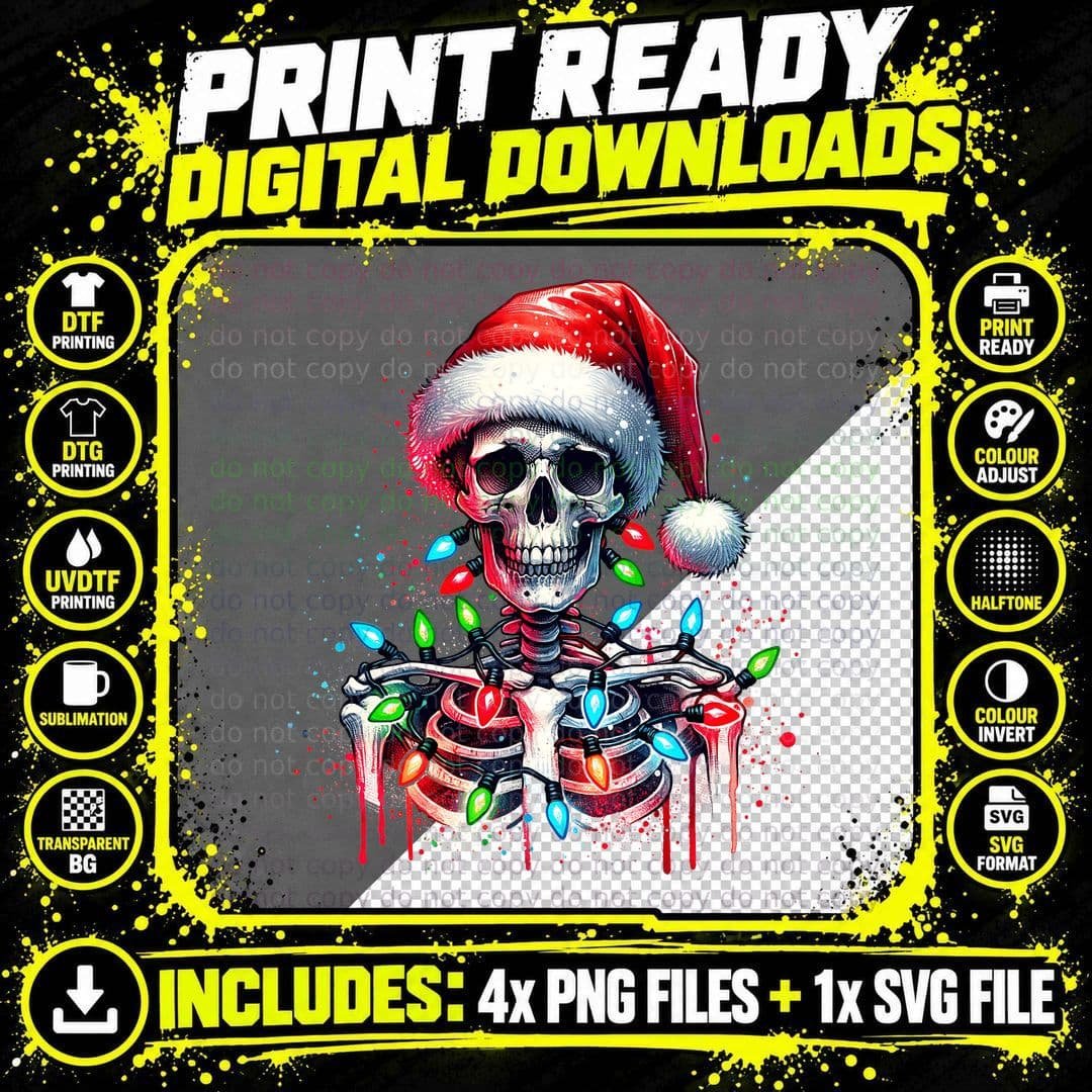 Skeleton Wrapped in Christmas Lights Clipart Png SVG Digital Bundle