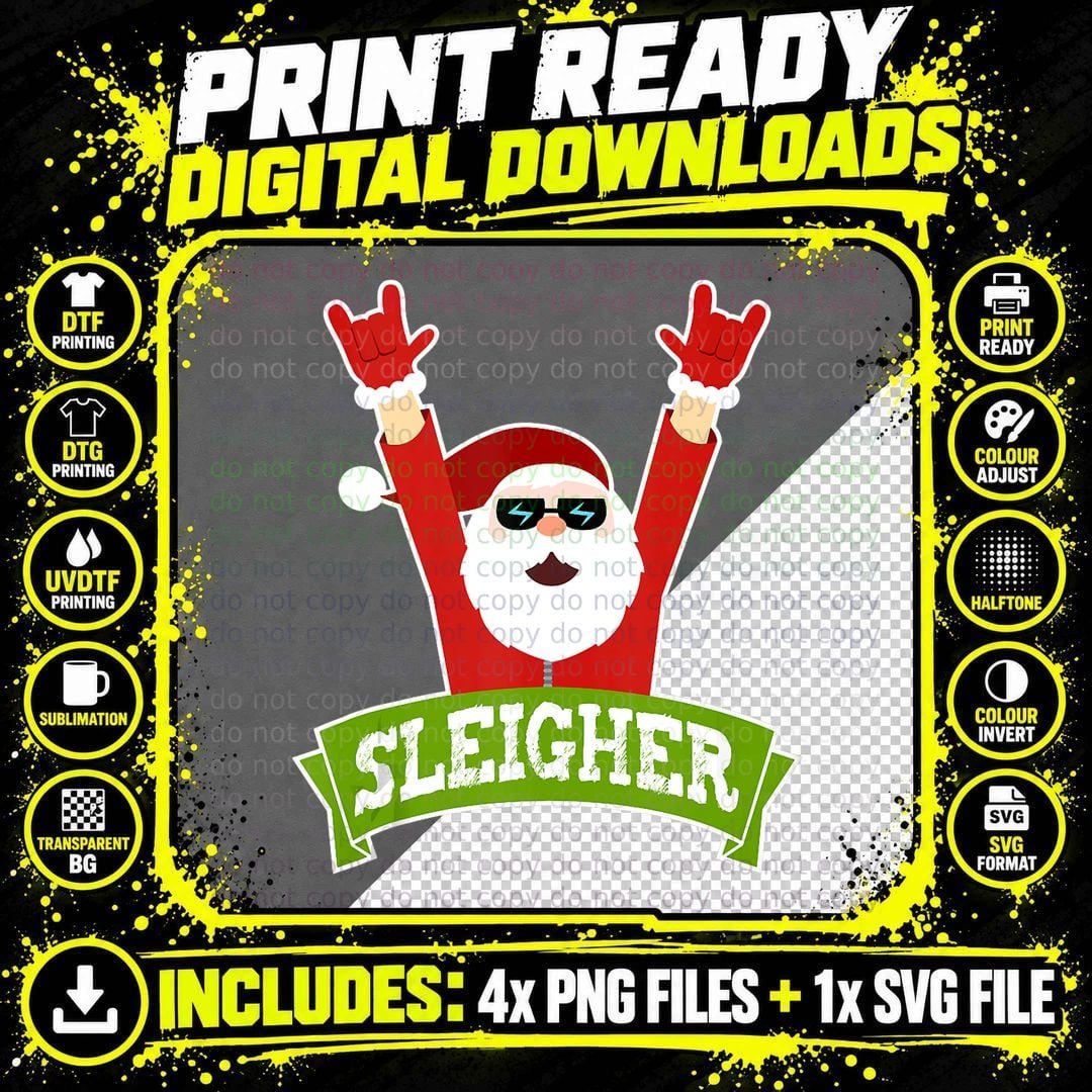 Sleigher - Funny Heavy Metal Music Santa - Christmas Png SVG Digital Bundle