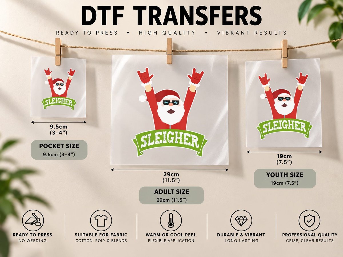 Sleigher - Funny Heavy Metal Music Santa - Christmas DTF Transfer Iron On