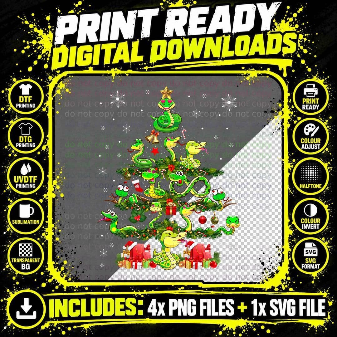 Snake Christmas Tree Cute Christmas Light Santa Snake Png SVG Digital Bundle