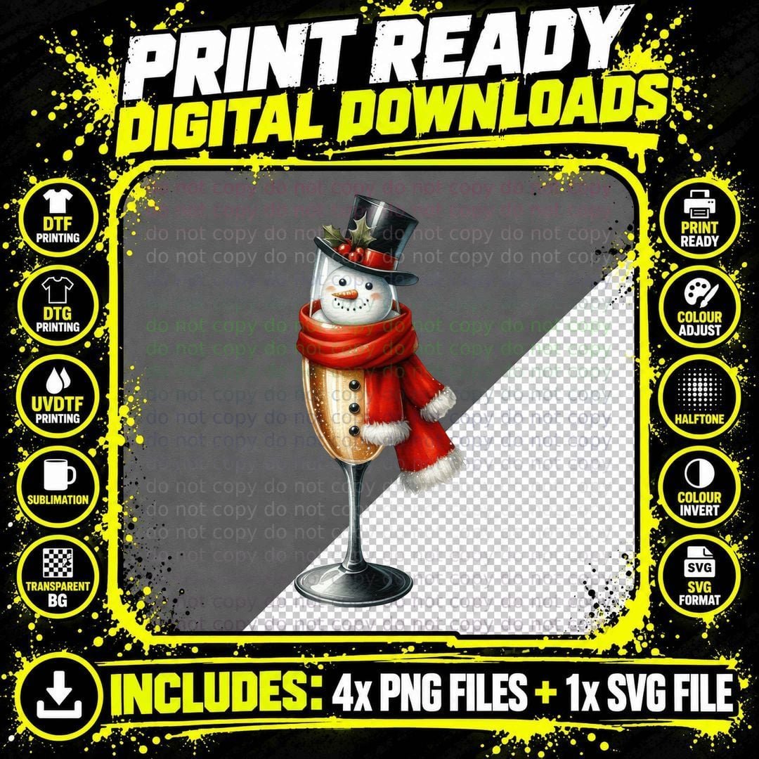 Snowman in Champagne Flute Top Hat Red Scarf Christmas Png SVG Digital Bundle