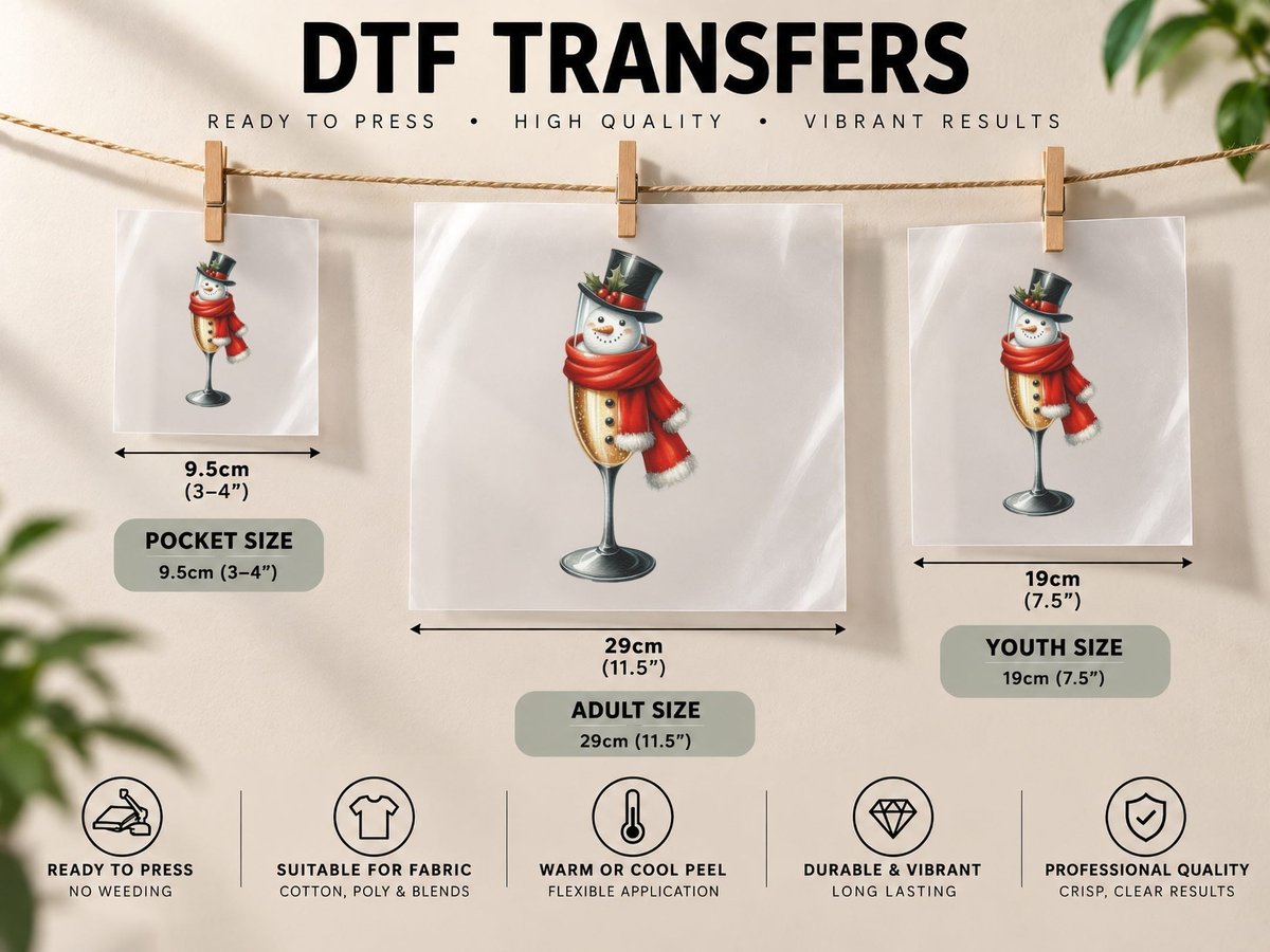 Snowman in Champagne Flute Top Hat Red Scarf Christmas DTF Transfer Iron On