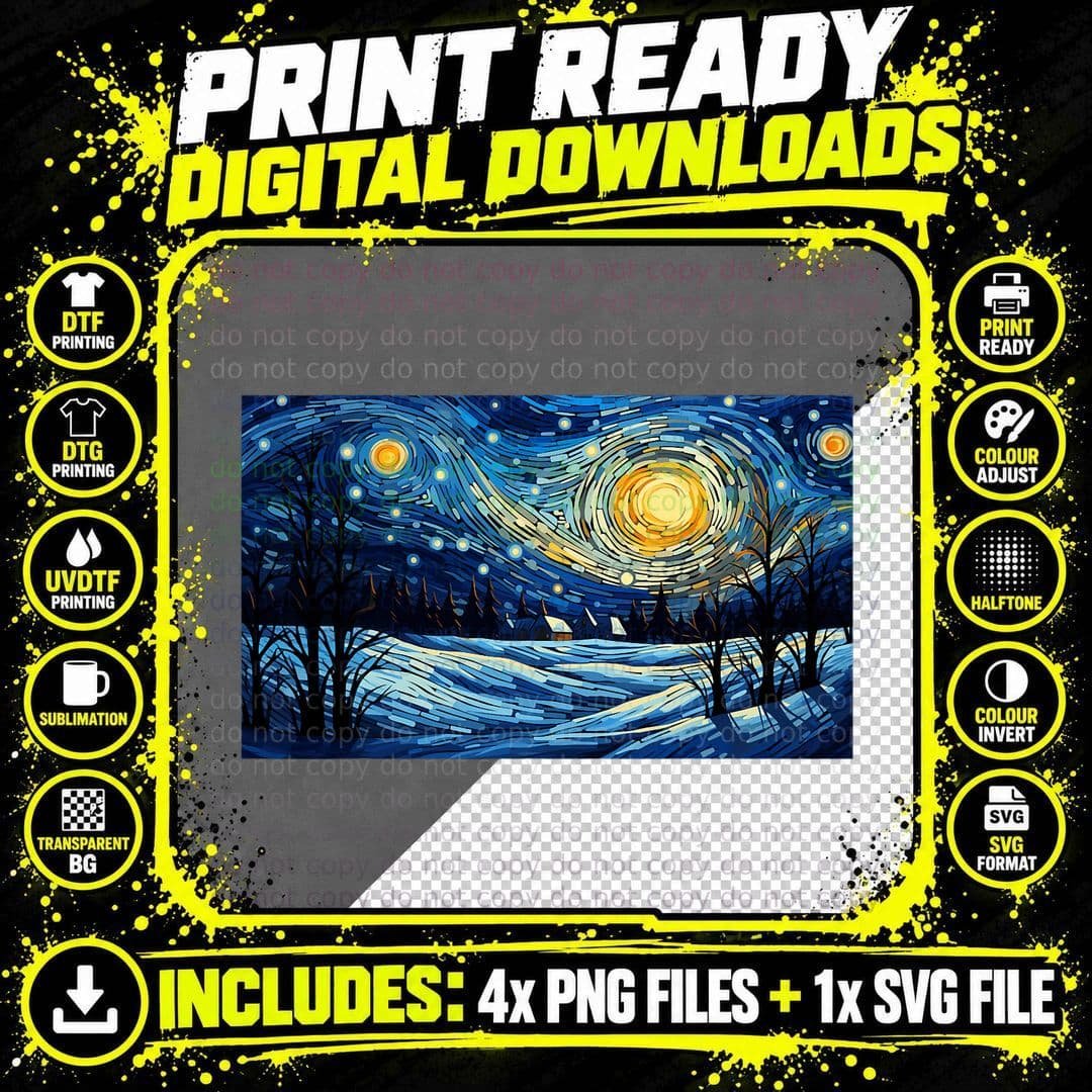Snowy Winter Christmas Starry Night Painting Art T-Shirt Png SVG Digital Bundle