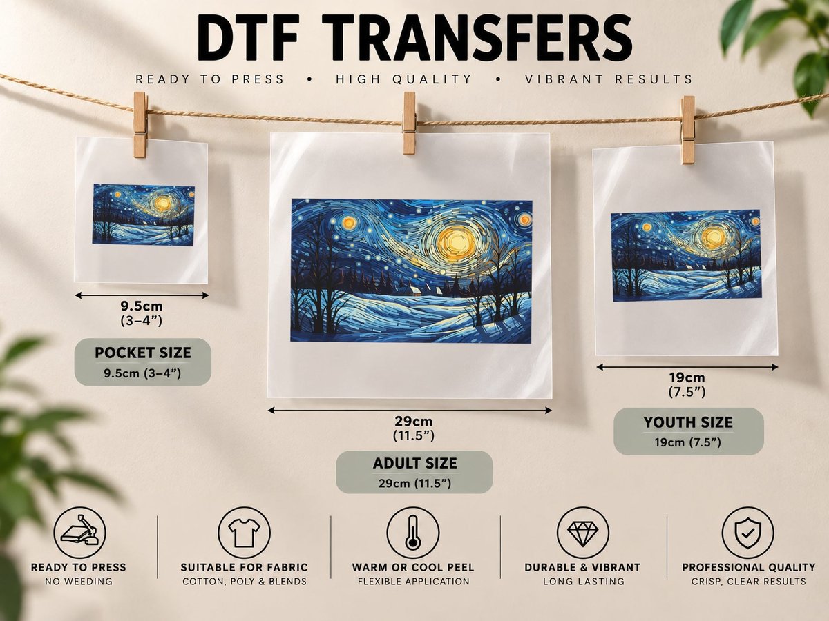 Snowy Winter Christmas Starry Night Painting Art DTF Transfer Iron On
