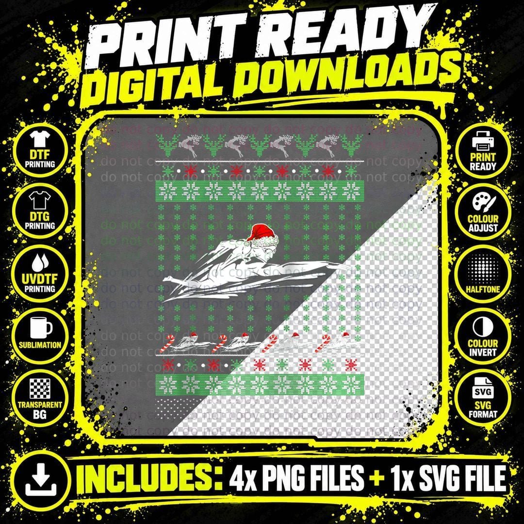 Swimmin Santa Ugly Christmas Sweater Sport Swim Swimmer Png SVG Digital Bundle