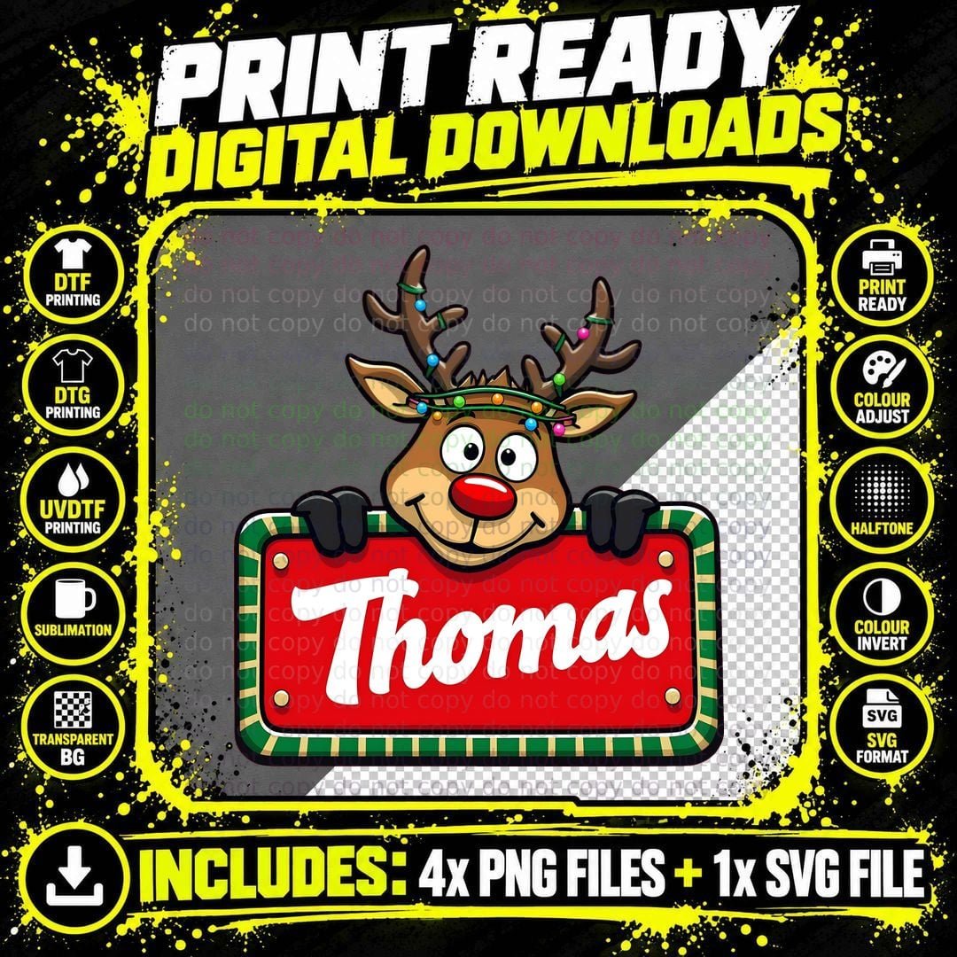 Thomas Custom Reindeer Peeking Christmas Kids Lights Png SVG Digital Bundle