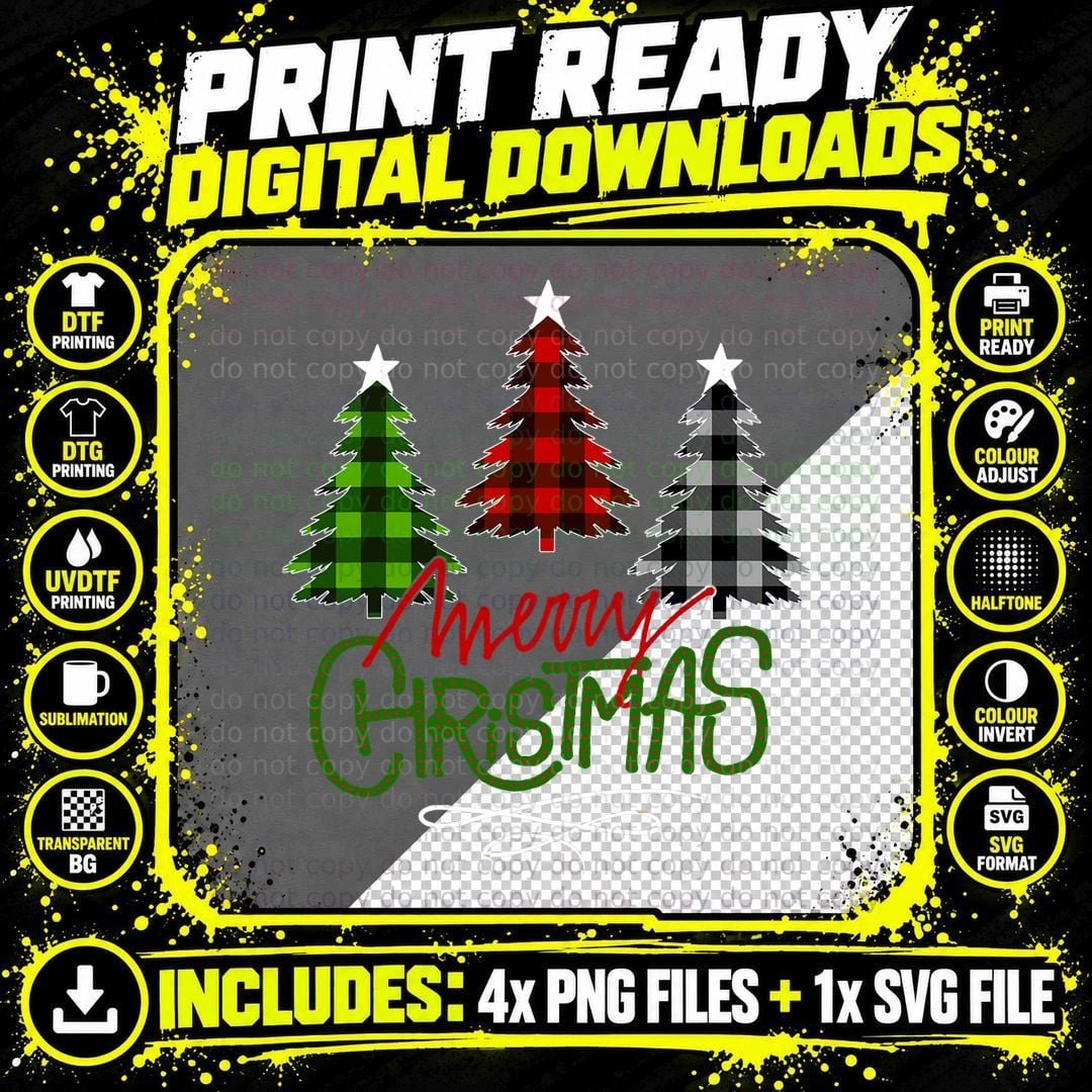 Three Buffalo Plaid Merry Christmas Tree Gift X-Mas Png SVG Digital Bundle
