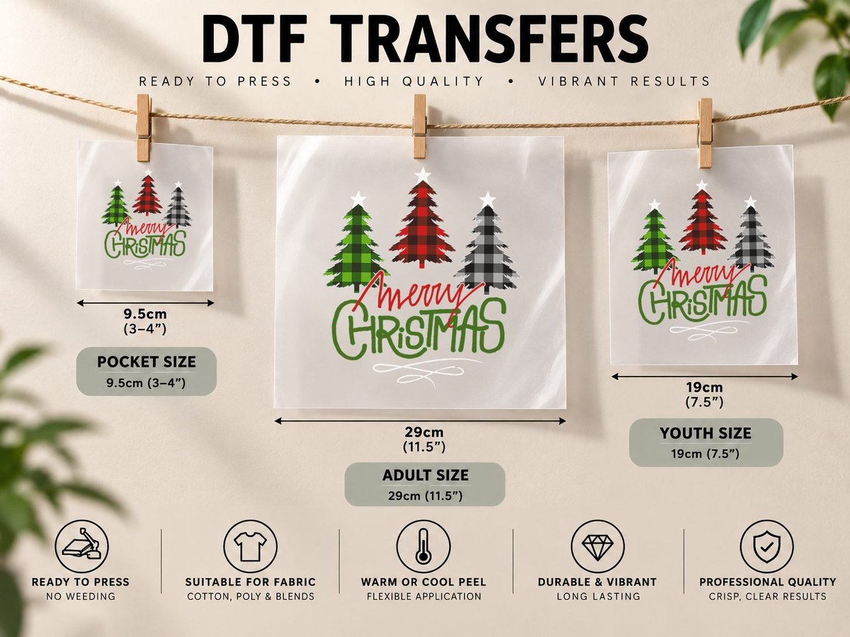 Three Buffalo Plaid Merry Christmas Tree Gift X-Mas Women DTF Transfer Iron On