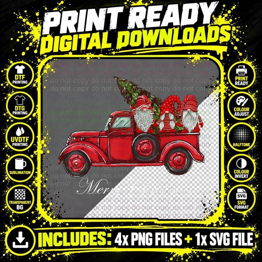 Three Gnomes in Red Truck with Merry Christmas Tree 1 Png SVG Digital Bundle