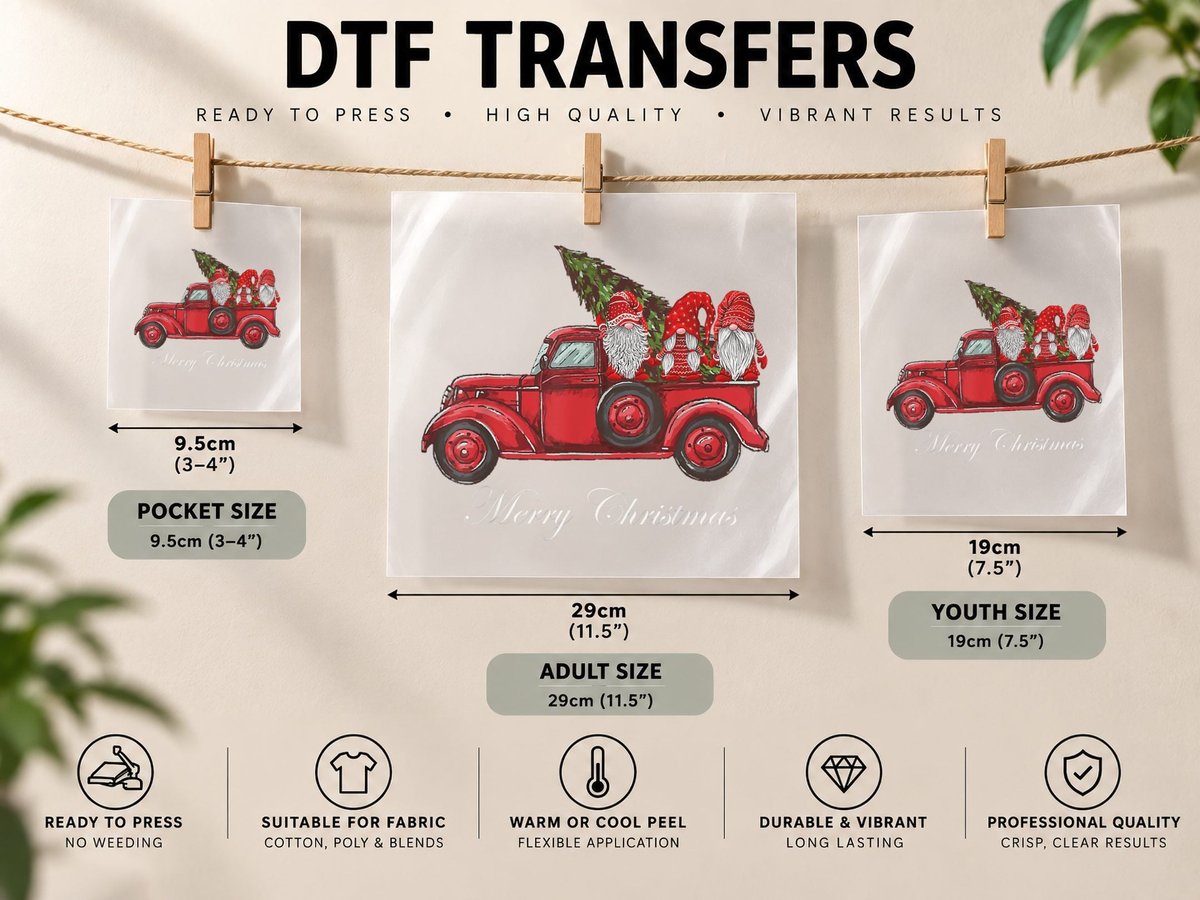 Three Gnomes in Red Truck with Merry Christmas Tree 1 DTF Transfer Iron On