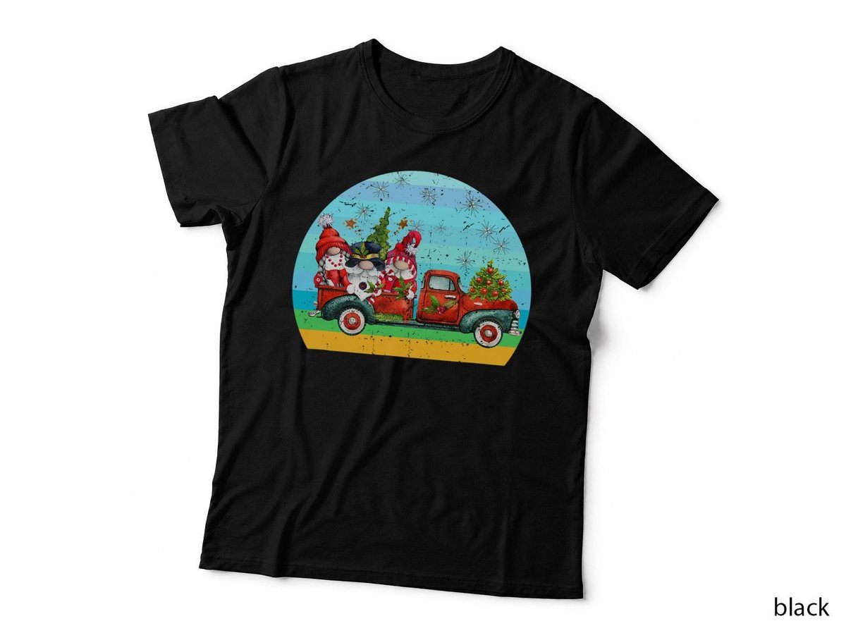 Three Gnomes in Red Truck with Merry Christmas Tree Vintage T-Shirt